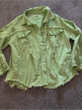 POL Shacket Jacket in neon green distressed  denim Sz L